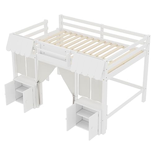 Image of Full Loft Bed with Built-in Bookshelf, Curtain, Storage Shelf and Amusement Park-Inspired Playful Design Safety Guardrails, Fairy Tale Cottage Kids Bed (White5, Full)