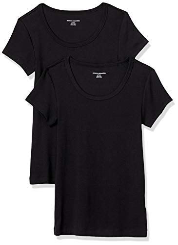 Amazon Essentials Damen T-Shirt mit Flügelärmeln und U-Ausschnitt in schmaler Passform, 2er-Pack, Schwarz, L