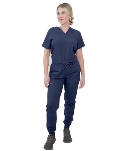 MISS POPULAR Scrubs Medical Uniform Set, Top and Pants Scrub Set (Navy Blue, Medium)