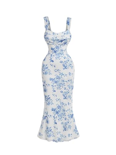 GORGLITTER Women's Floral Summer Wedding Guest Dress Ruched Cocktail Party Bridal Shower Formal Beach Midi Sun Dresses Blue and White Medium