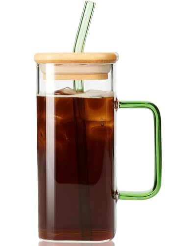 KHOLAD Glass Coffee Cup with Handle, Lid and Straw Pack of 1, 400ml Reusable Travel Iced Green Tea Sipper Cute Leakproof Aesthetic Clear Cup Home Office for Juice Smoothie Matcha Mug (Litchi)
