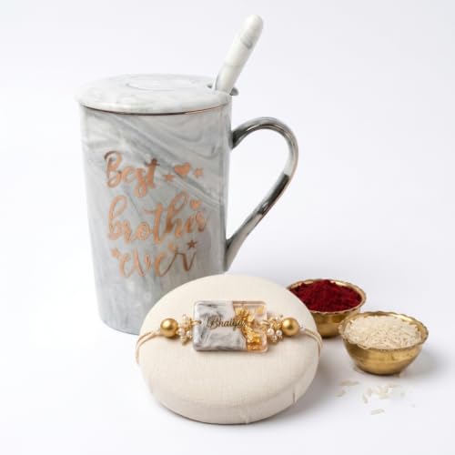 Image of NYRWANA Coffee Mug, Birthday Present for Man, Mugs for Present, Rakhi Gift for Brother, Cute Mugs, Ceramic Mug with Spoon, Gift Box & Rakhi with Tilak and chawal (400ml-Grey)