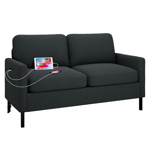 GRAVFORCE Sofa 2 Sitzer mit 2 Ladeports und Seitentasche, Klein Couch 143cm Cloudserie Gemütliches für Jugendzimmer Wohnung Wohnzimmer Büro Couch aus Holz (Stoff, Dunkelgrau, Sofa)