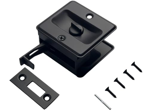 QCAA Solid Brass Sliding Door Pull Privacy Pocket Lock, Matte Black, Made in Taiwan, 1 Pack