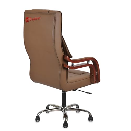 Image of GOYALSON Comfortable Revolving Chair for Director Principal Manager Office with arm Rest with Wheels and Cushioned seat Back (1, Brown, Wooden Handle High Back)