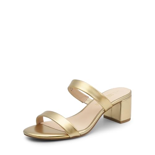 DREAM PAIRS Women's Two Strap Open Toe Low Block Chunky Heels Sandals Dress Pumps Casual Summer Mules Shoes 5 Gold-pu