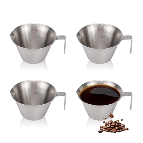 RETON 4 vasos medidores de espresso de 100 ml de acero inoxidable con asa, vasos de metal para espresso con doble escala, mini vasos de leche para medir café barista (3,4 oz)
