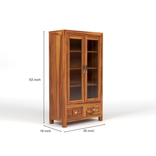 Image of Solid Sheesham Wood Book Cabinet with Acrylic Glass Doors | Rosewood Display Storage Unit with Shelves & Drawers for Home & Office (B-Honey Finish)