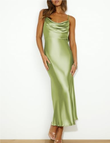 Image of Summer Satin Spaghetti Strap Cowl Neck Backless Midi Dresses for Women Elegant Tie Low Back Ruched Cocktail Dress