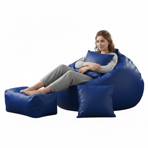 Image of Luxury 5XL Jumbo Bean Bag with Footrest & Cushion | Premium Leatherette | High-Density Beans Filled | Heavy Duty Double Stitch | 6 Months Warranty Color- (Navy Blue) (Royal Blue)