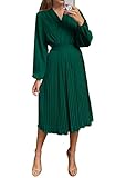 PRETTYGARDEN Women's Spring Midi Dress Long Puff Sleeve Wrap V Neck Flowy Ruffle Pleated Casual Fall Dresses (Dark Green,Large)
