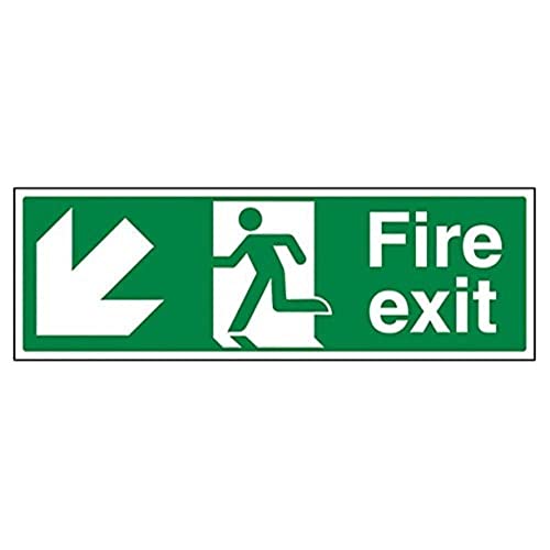 V Safety,Green,14005BJ-S Fire Exit Arrow Down Left Sign - Landscape - 450mm x 150mm - Self Adhesive Vinyl