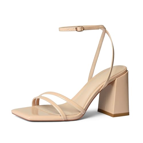 iiimmu Heeled Sandals for Women 3.5 IN Square Toe Ankle Strap Sandals Patent Leather