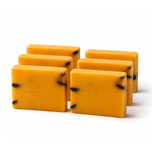 Image of Mannlich 2% Kojic Acid Exfoliating Soap with Alpha Arbutin, Glycolic Acid, Niacinamide & Activated Charcoal | For Pigmentation, Dark Spots, Tan Removal, Brightens Underarms | pH Balanced, SLS Free, Dermatologically Tested | 75 g (Pack of 6)