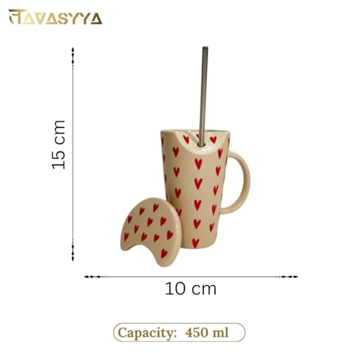 Image of Handmade Ceramic Mug, Tumbler with Lid & Straw Beige with Red Heart Print Tumbler, Cup for Hot & Cold Beverages | Microwave & Dishwasher Safe | Perfect for Gifting (Red Heart)