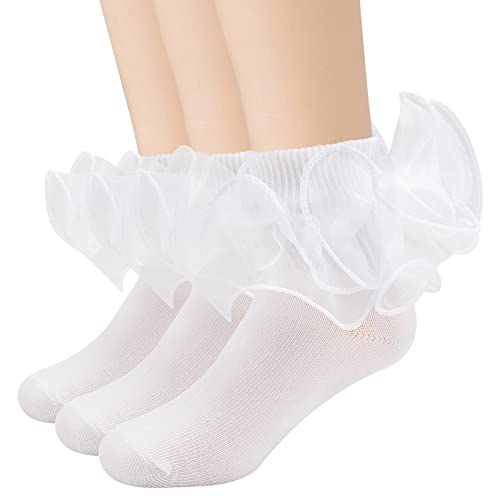 Looching 3 Pairs Baby Girls Ruffle Socks Cute Toddler Frilly Lace Turn Cuff White Summer Thin Mesh Dress Socks for Kids