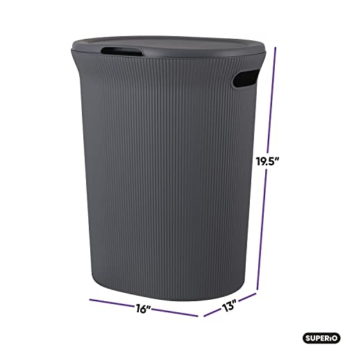 Image of Superio Ribbed Collection - Decorative Plastic Laundry Hamper with Lid and Cut-Out Handles, Grey (1 Pack) Basket Organzier for Bedroom Bathroom College Dorm Room 40 Liter