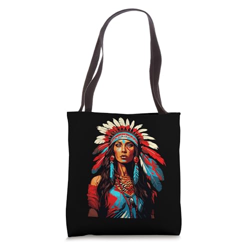 Bolso tipo tote de mujer con diseño de mujer nativoamericana y tocado indígena miniatura 1