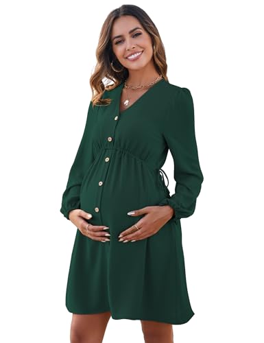 YesFashion Damen Umstandskleid Langarm Stillkleid elegant V-Ausschnit Schwangerschaftskleid mit Knöpfen Dunkelgrün-L S