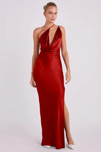Image of Memoriesea Women's Low Cut Cowl Neck Open Back Tie Up Cocktail Party Maxi Dress Red