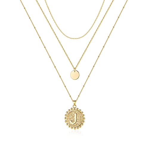TINGN Halskette Damen Gold Kette mit Buchstaben, 14 Karat Vergoldete Zierliche Halskette Damen Choker Ketten Handgefertigte Anhänger Münze Anhänger Buchstabe Kette mit Buchstaben Schmuck Damen (J) Cover