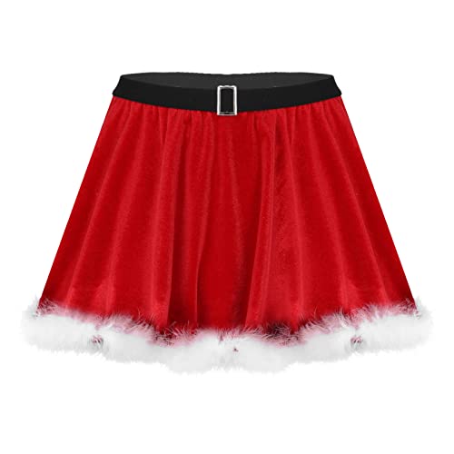 Women's Faux Fur Trim Mini Miss Santa Claus Tutu Skirt Skater Dance A-line Flared Skirts