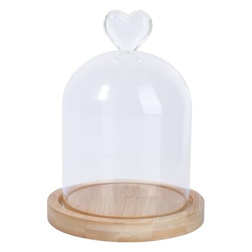 Amosfun Glass Display Dome Cloche Heart Top Clear Glass Jar with Wooden Base Tabletop Display Case DIY Craft Making Supplies (Heart)