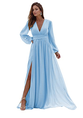 Women's Long Sleeve Bridesmaid Dresses with Slit Long Pleated Formal Evening Party Gown