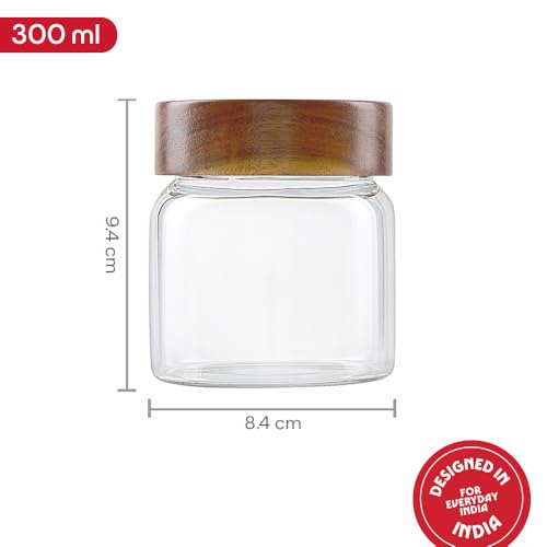 Image of Borosil Glass Jar with Acacia Wood Lid | Borosilicate Glass Storage Jar for Dry Fruits, Spices & Snacks | Airtight Glass Container for Kitchen & Pantry (Tallwood, 300 ml)