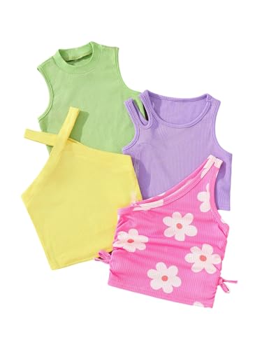 Image of OYOANGLE Toddler Girl's 4 Pack Ribbed Knit Crop Tank Tops Set One Shoulder Summer Camisole