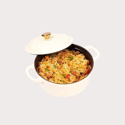Image of CUMIN CO. Cast Iron Dutch Oven 2.5L, 20 cm | Induction Base Cookware | 10 Years Warranty | Non Toxic Non Stick Biryani Pot with Lid | Heavy Bottom | Chemical Free Coating | Free Accessories | White