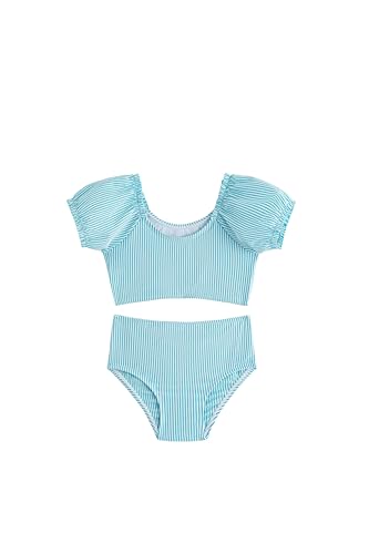 Image of LIZENS Two-Pieces Girls Swimsuit Puff Sleeve Beach Bathing Suit Stripe Bikini Sets
