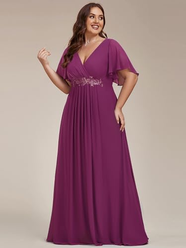 Image of Ever-Pretty Short Sleeves V Neck Plus Size Formal Dresses for Curvy Women Chiffon Mother of The Bride Dress Evening Gowns