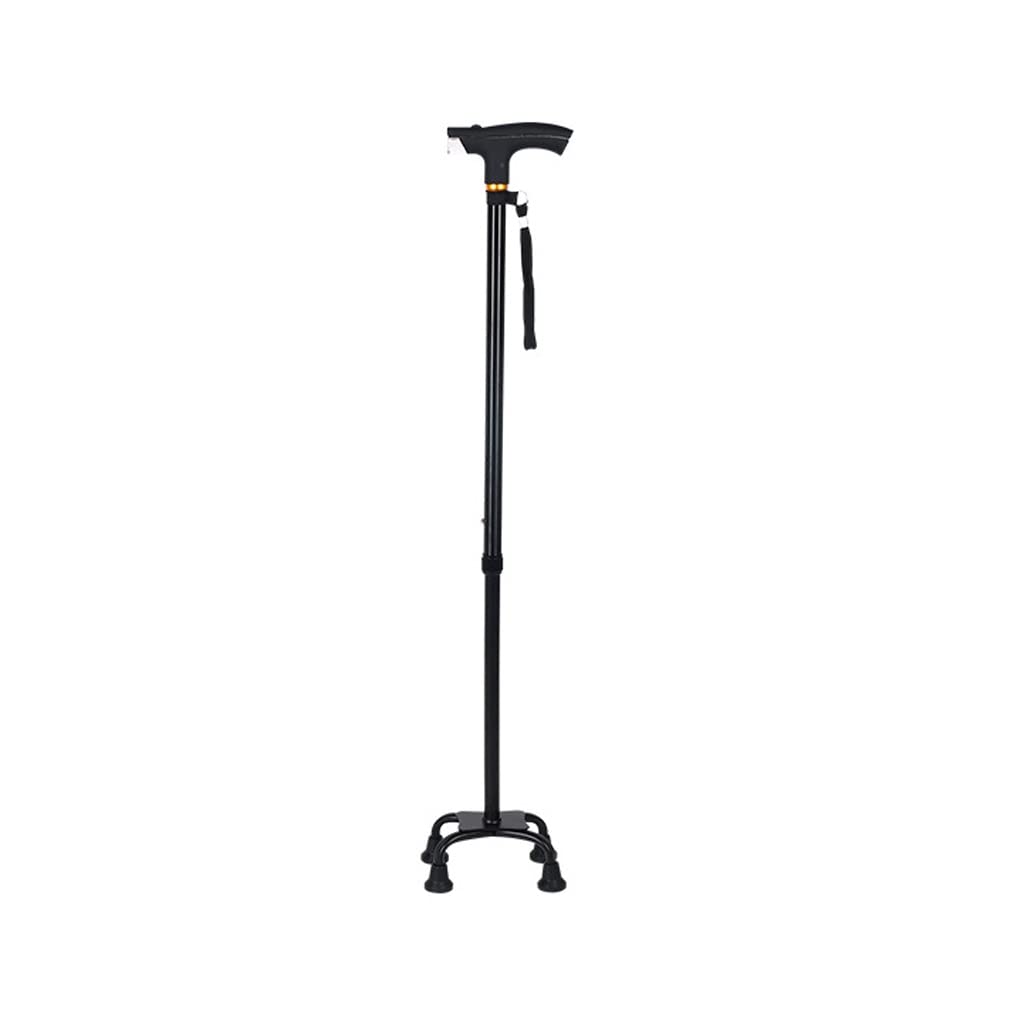 Bastone Dritto a Quattro Gambe per Anziani con Impugnatura Curva illuminata, Bastone quadrangolare Retrattile a 4 Gambe con Luce