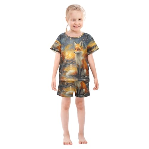 ALAZA Magic Fox Yellow Leaf Pajamas Set Short Sleeve Cotton Sleepwear Summer Pjs 2 Piece 5-14Y3