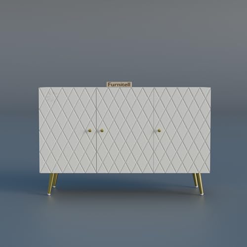 Image of Modern Wooden Storage Cabinet with 2 Doors | Geometric Design Sideboard /Cupboard for Living Room | Multipurpose Organizer for Bedroom & Entryway | HDMR Premium Wood | Gold Metal Legs(White)