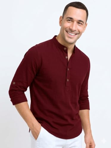 Image of DEEMOON Men's Cotton Blend Solid Regular Fit Full Sleeve Short Kurta | Men's Trendy Short Kurta