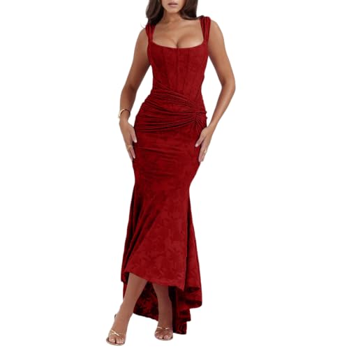 Robe sirène longue carrée plissée à traîne pour soirées