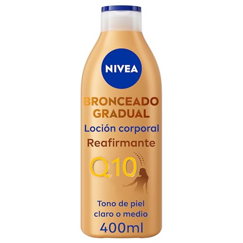 NIVEA Q10 Loción Corporal Reafirmante + Autobronceadora (400 ml), crema hidratante corporal con coenzima Q10, crema bronceadora para tono de piel claro a medio