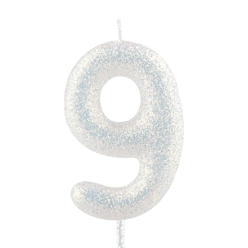 Cxryrzhe Birthday Candle Number 9 White Iridescent 9th Glitter Birthday Candles Cake Topper Decorations for Party Celebration Decor Supplies