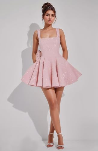 MAGGCIF Square Neck Sequin Homecoming Dresses for Teens with Bow Spaghetti Straps A Line Short Prom Dress Cocktail Gown3