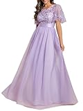 Ever-Pretty Women's Short Sleeve Embroidery Empire Waist A Line Floor Length Elegant Long Formal Evening Champagne Bridesmaid Dresses Lavender Purple 10UK