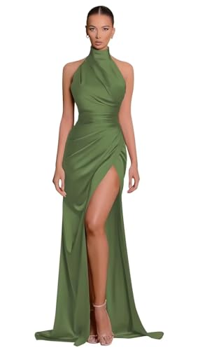 Image of Halter Bridesmaid Dresses Long with Slit Satin Prom Dress Pleated Mermaid Formal Gown Evening Dress