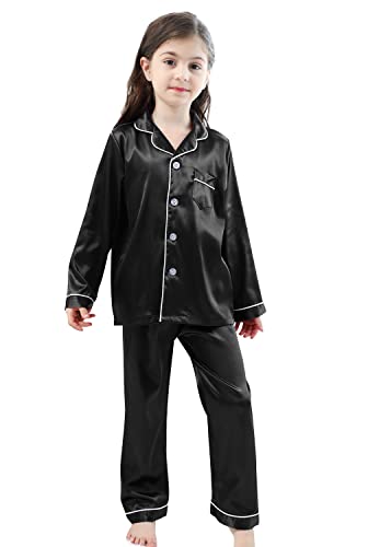 Image of Pajamas Kid Unisex Pjs Set Girls Boys Silk Pajamas Set Satin Long Sleeve 2 Piece Clasic Sleepwear for 2-12 Years Todder
