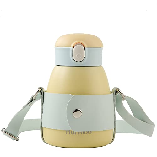 Murmioo Taza de acero inoxidable con pajita, taza de viaje y tapa sellada con tornillo, taza aislada para niños adultos, correa de hombro 560 ml (amarillo) Cover