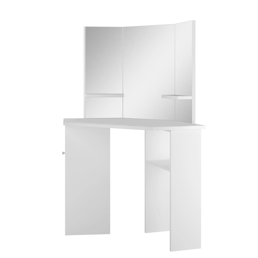 Tocador esquinero blanco de MDF con espejo de 3 piezas, espacio de almacenamiento y estante, mesa de maquillaje compacta para dormitorio, habitación de niña y baño