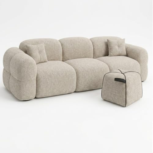 Image of FURNY Luxury Nimbus 4 Seater + Suri Pouf Sofa Set for Living Room | Boucle Weave Fabric Upholstered | Modern Cushioned Comfortable Couch for Home Office & Drawing Room | Sandstone Beige