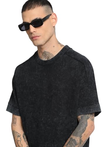 Image of Men Black Self Design Oversized Round Neck T-Shirt