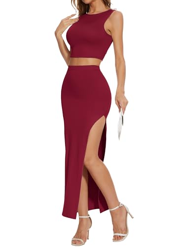 Image of ELLEVEN Sexy 2 Piece Maxi Skirt Sets for Women, Going Out Outfits | High Stretch, Lightweight, Slim Fit, Sleeveless Knit Crop Tank Top, High Slit Skirt Dress Set, Summer Date Night Outfits