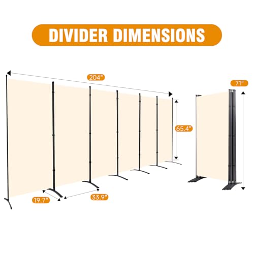 6 Panel Folding Privacy Screens, 6 FT Tall Wall Divider with Metal Frame, Freestanding Room Divider for Office Bedroom Study (6 Panel, Beige)